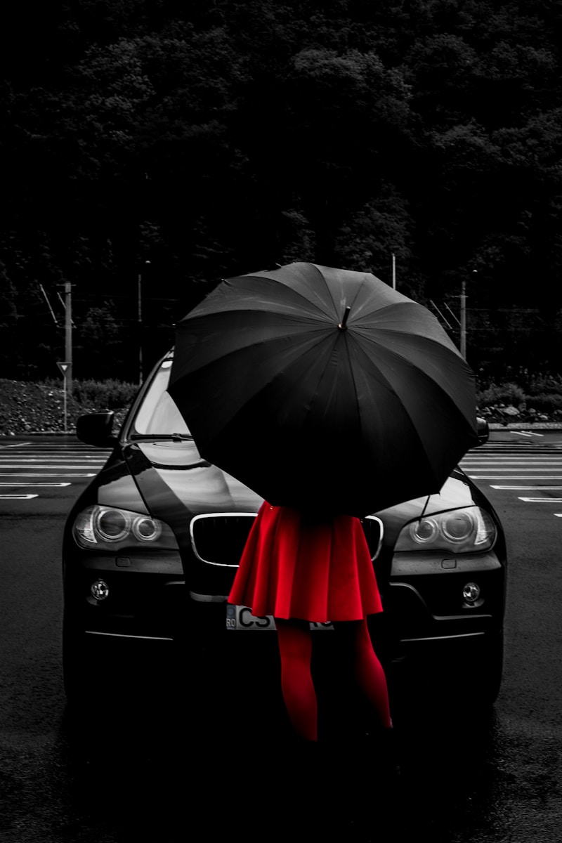 woman wearing red flare dress under black umbrella while standing in front of vehicle symbolizing umbrella policy lin the literal sense